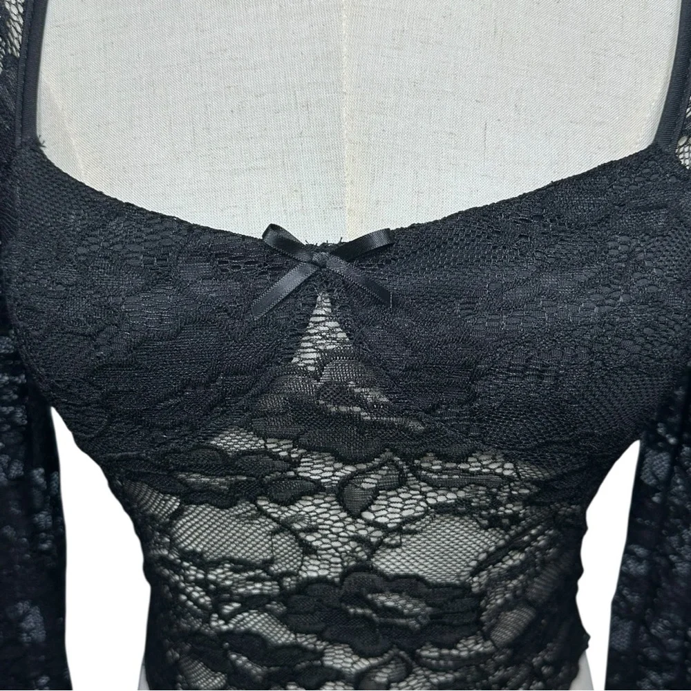 Unbranded Y2K Babydoll Black Lace Sheer Top Dark‎ Coquette Grunge